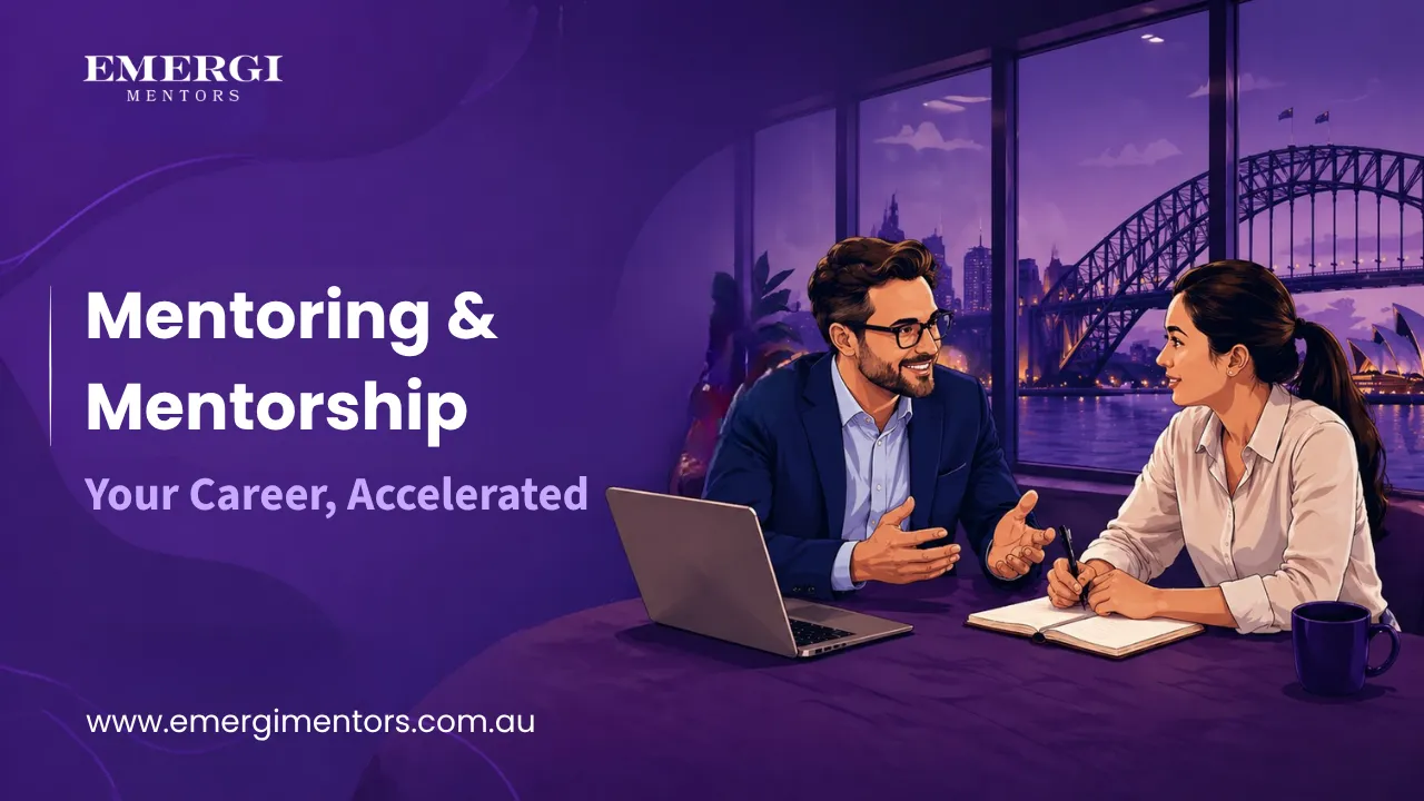 A mentor and mentee having a one-on-one career conversation, representing mentoring and mentorship in a professional Australian context.