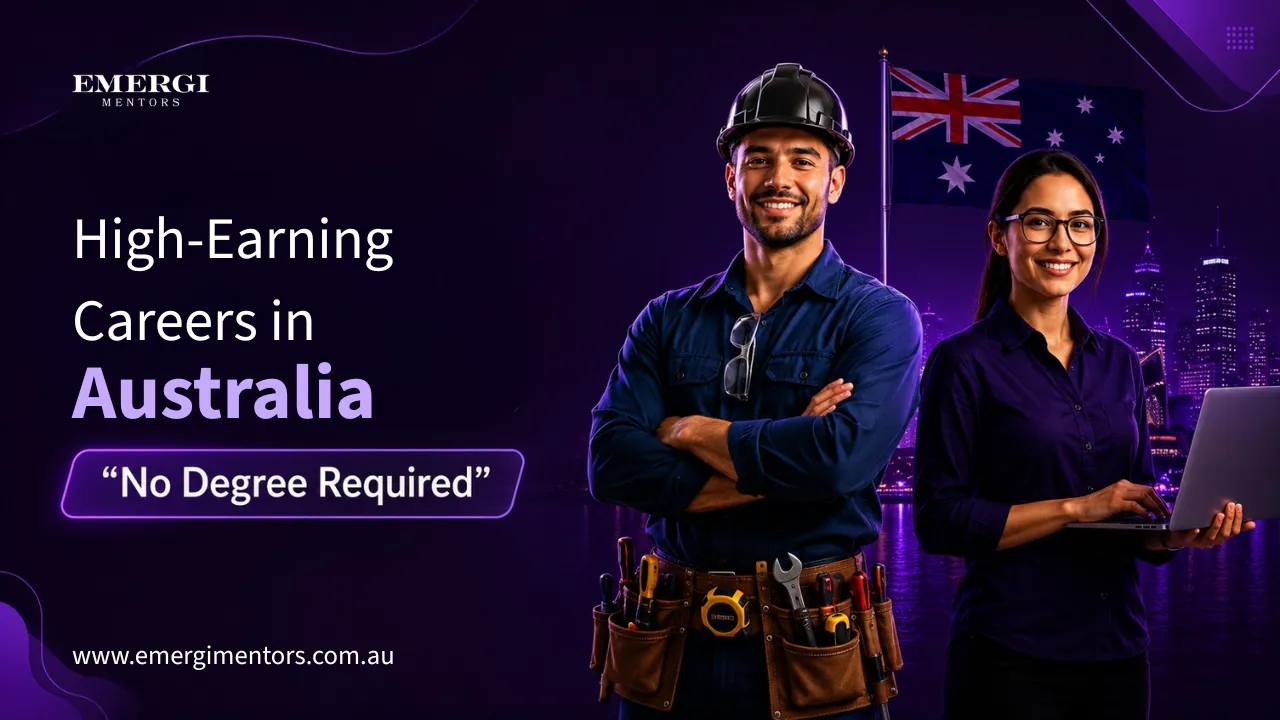 A confident tradesperson and a tech worker side by side with the text: Highest Paying Jobs in Australia Without a Degree
