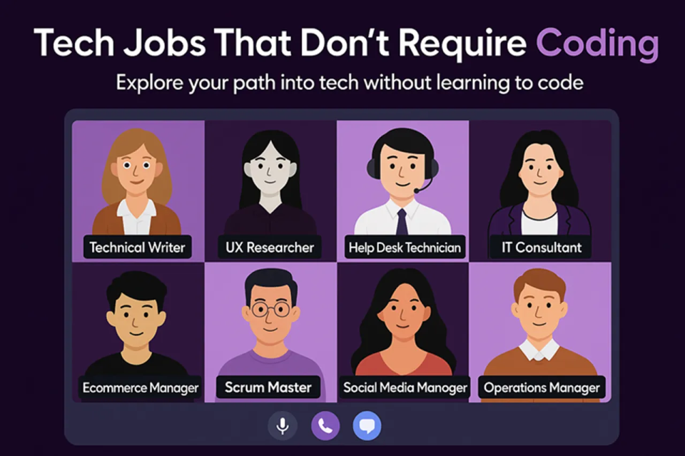 Learn tech jobs that don't require coding including technical writer, ux researcher, help desk technician, IT consultant, Ecommerce Manager, scrum master, social media manager, operation manager