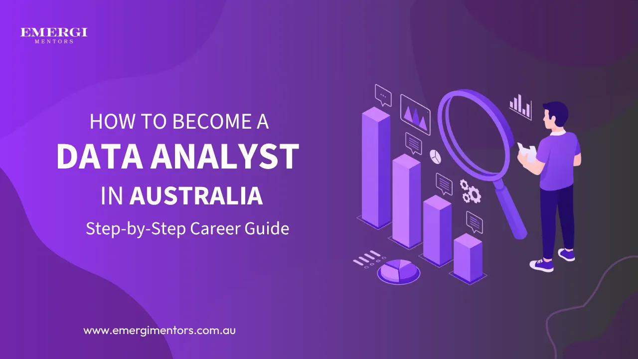 Illustration of a data analyst analyzing charts for a step-by-step data analyst career guide in Australia