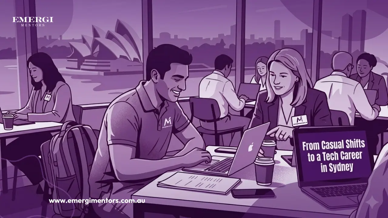 A career changer in Sydney reviewing tech job opportunities on a laptop, transitioning from casual work into the technology industry with guidance from a mentor.