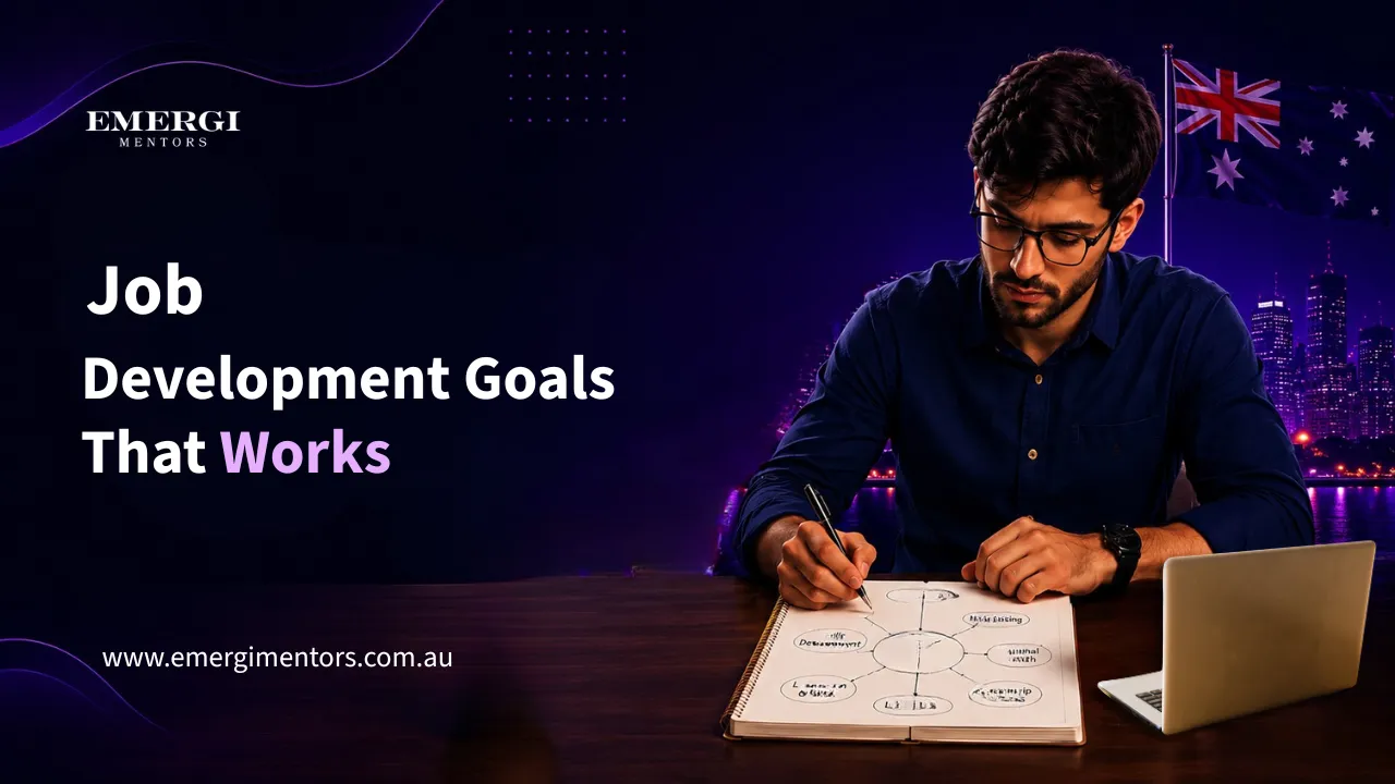 Person writing job development goals in a notebook at a desk, career planning for Australian tech job seekers